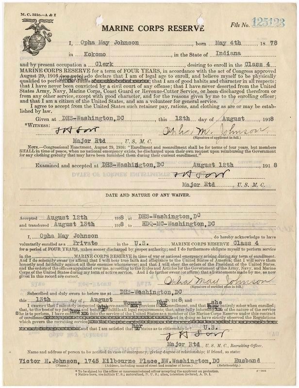 Opha May Jacob Johnson - enlistment papers, page 1 (click on image to enlarge) image. Click for full size.