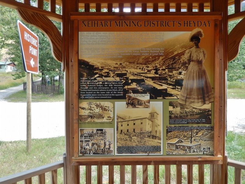 Neihart Mining District's Heyday Marker (<i>wide view; Main Street in background</i>). Click for full size. Neihart Mining District's Heyday Marker (<i>wide view; Main Street in background</i>) image. Click for full size.