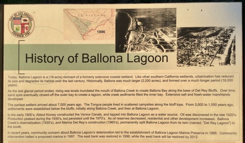 History of Ballona Lagoon Marker image. Click for full size.