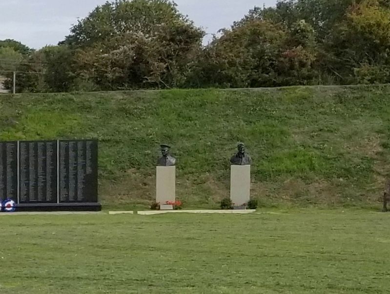 Lord Dowding and Sir Keith Park next to the Battle of Britain Memorial Wall image. Click for full size.