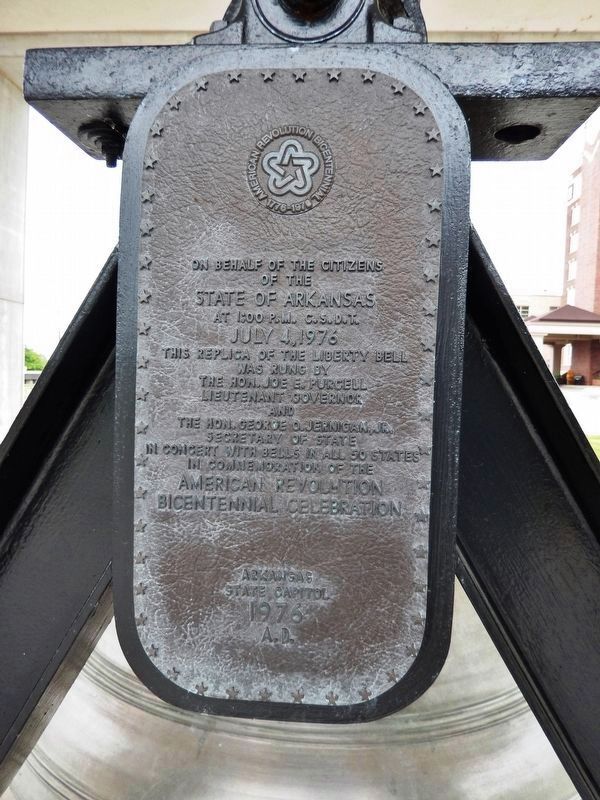 American Revolution Bicentennial Celebration plaque (<i>mounted on Liberty Bell support</i>). Click for full size. American Revolution Bicentennial Celebration plaque (<i>mounted on Liberty Bell support</i>) image. Click for full size.