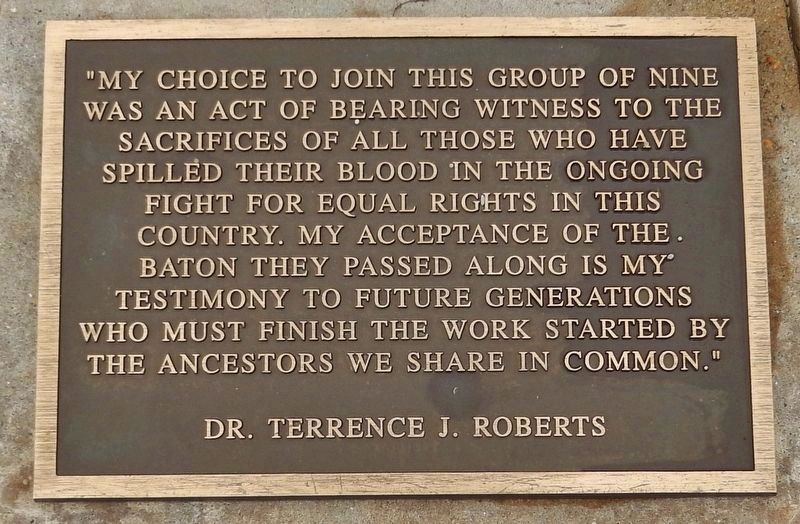 Dr. Terrence J. Roberts "Testimony" plaque (<i>mounted on ground near marker & sculpture</i>) image. Click for full size.