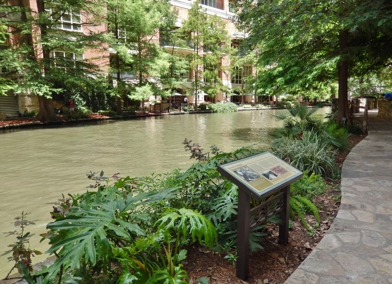 Bowen's Island Marker (<i>wide view; looking east along the San Antonio Riverwalk</i>). Click for full size. Bowen's Island Marker (<i>wide view; looking east along the San Antonio Riverwalk</i>) image. Click for full size.