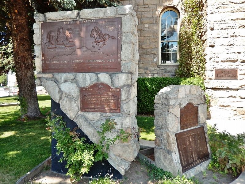"Pony" Bob Haslam Marker (<i>wide view; related marker on right; former Carson City Mint behind</i>) image. Click for full size.