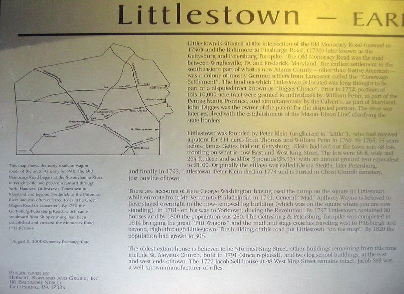 Littlestown—Early History—1762-1815, left half of wayside image. Click for full size.
