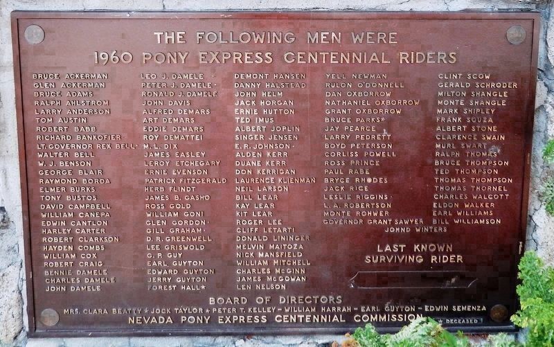 Nevada Pony Express Centennial Reenactment Riders Monument (<i>mounted below marker</i>) image. Click for full size.