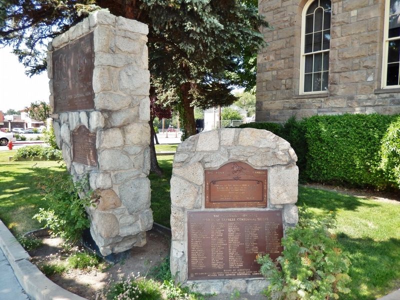 Nevada Pony Express Centennial Reenactment Rider Monument (<i>wide view; related marker on left</i>) image. Click for full size.