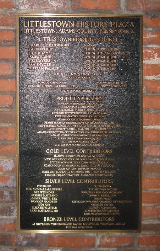 Littlestown History Plaza: Sponsors and Contributors Marker. Click for full size. Littlestown History Plaza: Sponsors and Contributors Marker image. Click for full size.