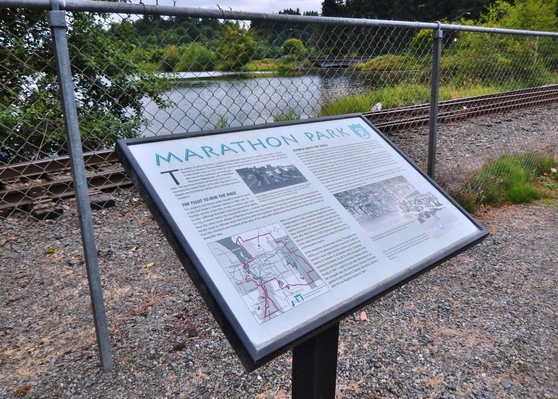 Marathon Park Marker (<i>wide view; Capitol Lake in background</i>). Click for full size. Marathon Park Marker (<i>wide view; Capitol Lake in background</i>) image. Click for full size.
