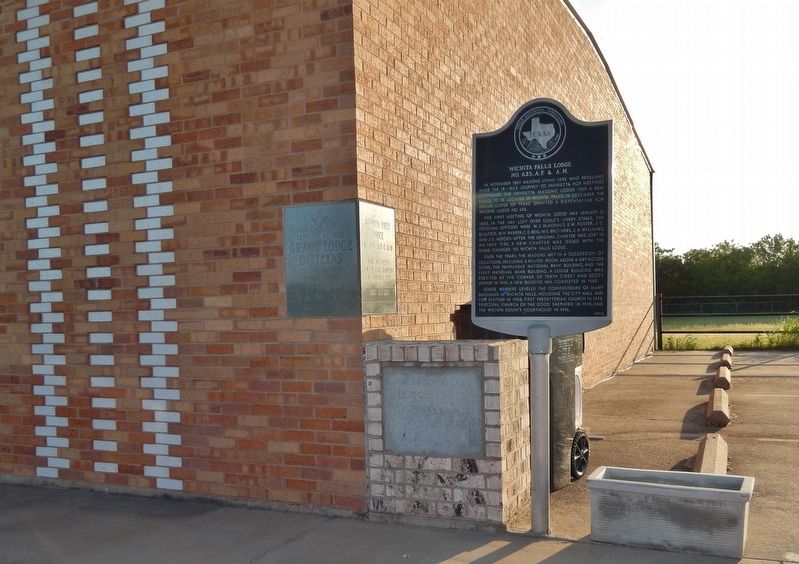 Wichita Falls Lodge No. 635, A.F. & A.M. Marker (<i>wide view; Lodge cornerstone beside marker</i>) image. Click for full size.