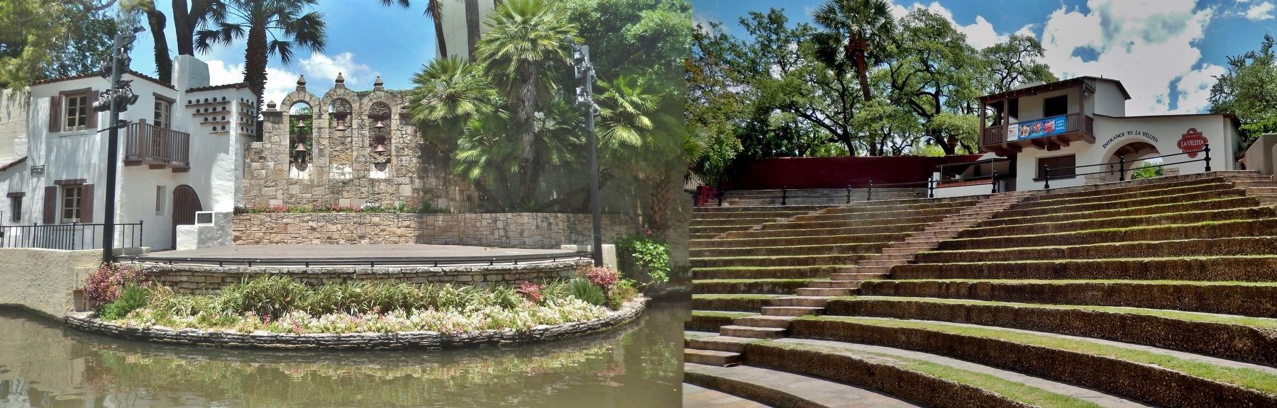 The Arneson River Theater at La Villita - stage (left/north) and seating (right/south). Click for full size. The Arneson River Theater at La Villita - stage (left/north) and seating (right/south) image. Click for full size.