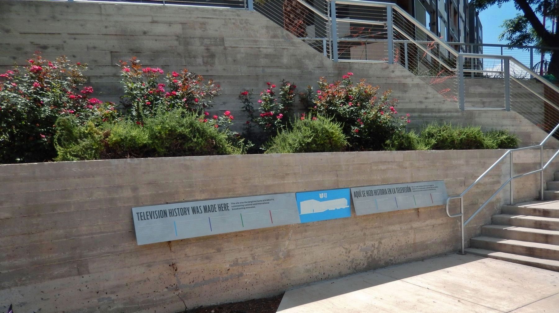 Television History was Made Here Marker (<i>both panels; stairs lead to César E. Chávez Blvd</i>). Click for full size. Television History was Made Here Marker (<i>both panels; stairs lead to César E. Chávez Blvd</i>) image. Click for full size.