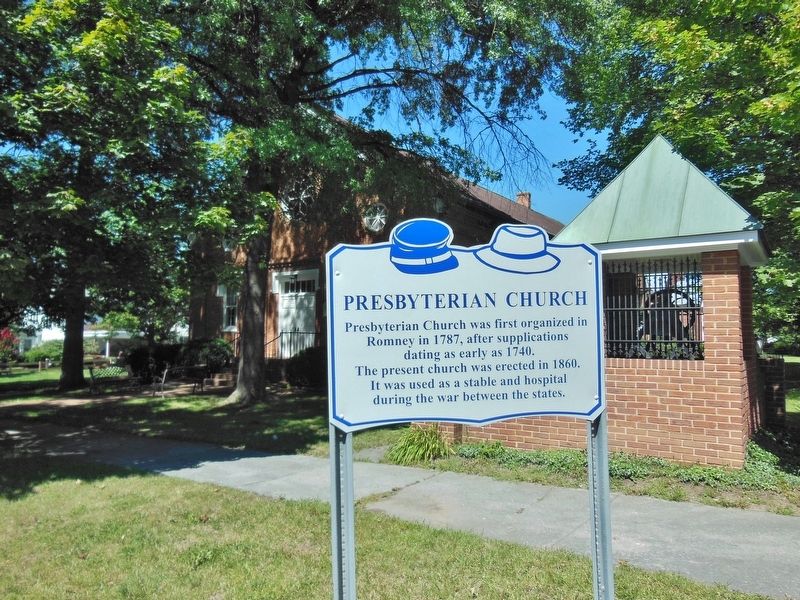 Presbyterian Church Marker (<i>wide view; original bell exhibit behind; church in background </i>) image. Click for full size.