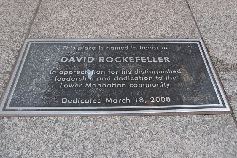 David Rockefeller Plaza dedication marker image. Click for full size.