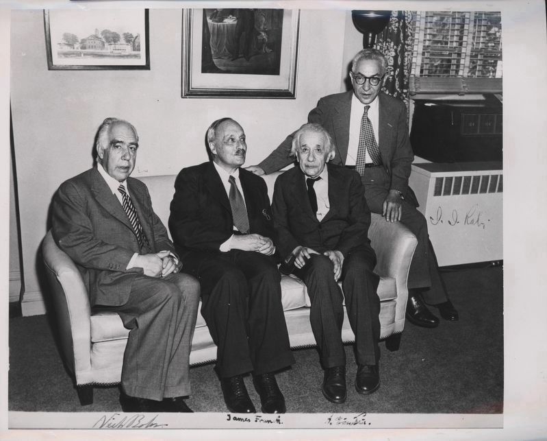 Niels Bohr, left; James Franck, Albert Einstein, Isidor Isaac Rabi. image. Click for full size.
