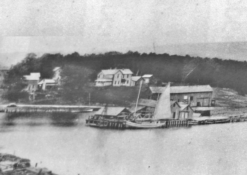 Marker detail: Four warehouses & schooner, circa 1891 image. Click for full size.