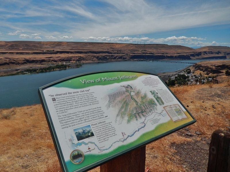 View of Mount Jefferson Marker (<i>wide view; Wishram [right] and Columbia River in background</i>) image. Click for full size.