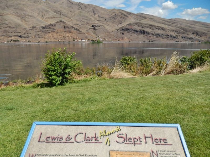 Lewis & Clark Almost Slept Here Marker (<i>wide view looking north across the Snake River</i>). Click for full size. Lewis & Clark Almost Slept Here Marker (<i>wide view looking north across the Snake River</i>) image. Click for full size.