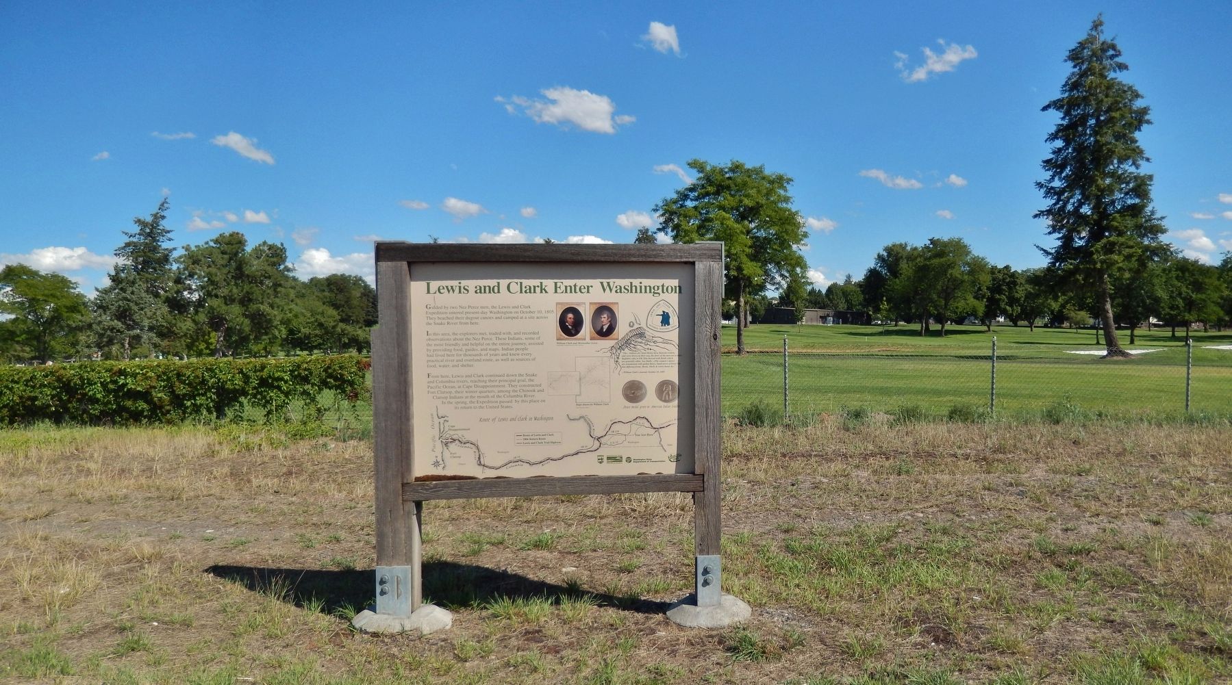 Lewis and Clark Enter Washington Marker (<i>wide view; Clarkston Golf & Country Club background</i>). Click for full size. Lewis and Clark Enter Washington Marker (<i>wide view; Clarkston Golf & Country Club background</i>) image. Click for full size.