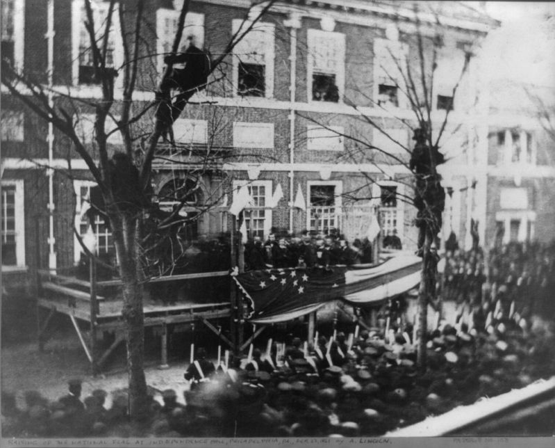 <i>President-elect Abraham Lincoln raising a flag at Independence Hall, Philadelphia,...</i> image. Click for full size.