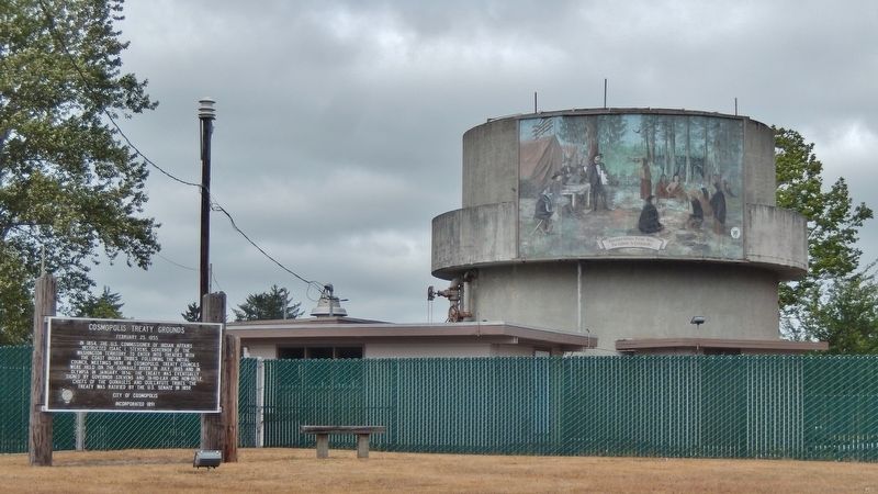 Cosmopolis Treaty Grounds Marker (<i>wide view; old water storage tank in background</i>). Click for full size. Cosmopolis Treaty Grounds Marker (<i>wide view; old water storage tank in background</i>) image. Click for full size.