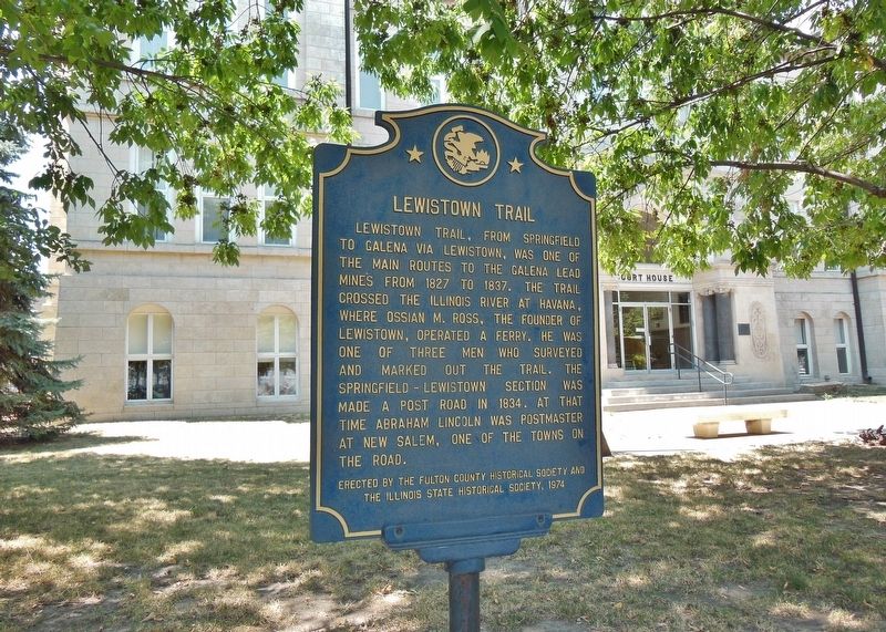 Lewistown Trail Marker (<i>wide view; Fulton County Courthouse, east entrance, in background</i>) image. Click for full size.
