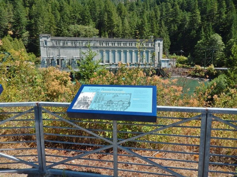 Gorge Powerhouse Marker (<i>wide view; Skagit River and Gorge Powerhouse in background</i>) image, Touch for more information
