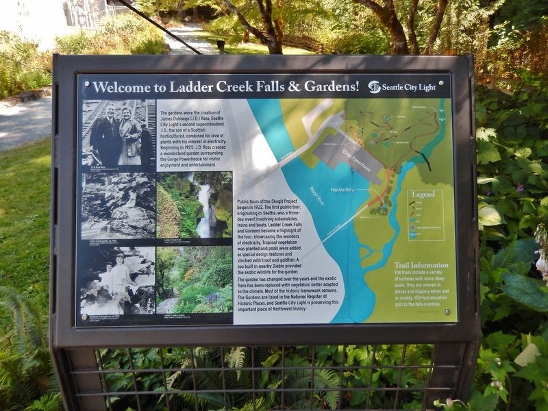 Welcome to Ladder Creek Falls & Gardens Marker (<i>tall view; trail and gardens in background</i>). Click for full size. Welcome to Ladder Creek Falls & Gardens Marker (<i>tall view; trail and gardens in background</i>) image. Click for full size.