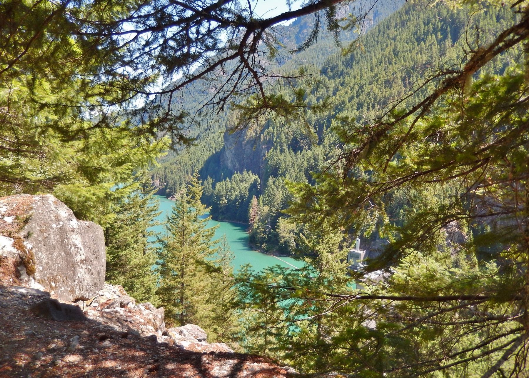 Gorge Lake (<i>view from trail, near marker; Gorge High Dam at lower right</i>) image. Click for full size.