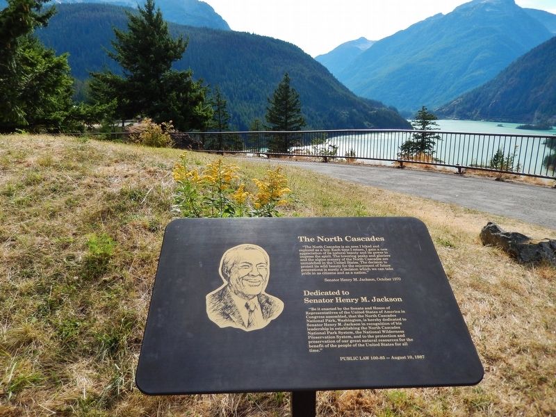 The North Cascades Marker (<i>wide view; looking west across Diablo Lake</i>) image. Click for full size.