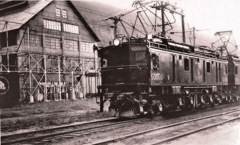 Marker detail: Substation and Electric Locomotive<br>circa 1930. Click for full size. Marker detail: Substation and Electric Locomotive<br>circa 1930 image. Click for full size.