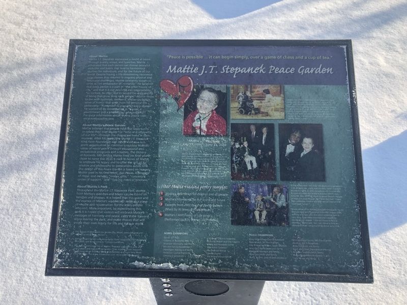 Mattie J.T. Stepanek Peace Garden Marker. Click for full size. Mattie J.T. Stepanek Peace Garden Marker image. Click for full size.