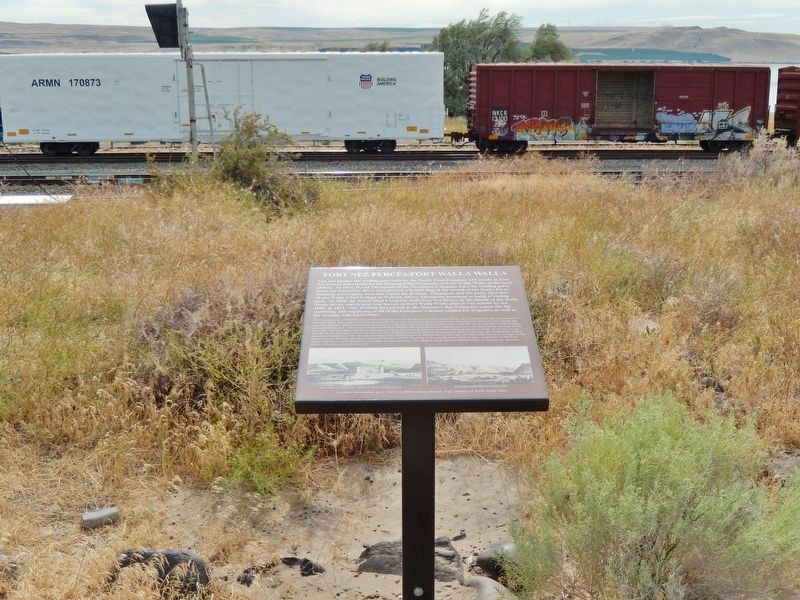 Fort Nez Percés / Fort Walla Walla Marker (<i>Columbia River beyond railroad cars in background</i>) image. Click for full size.