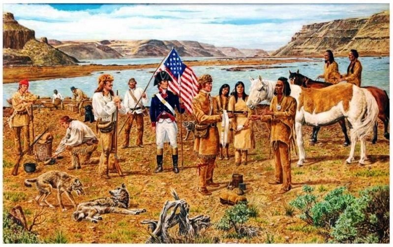 Marker detail: "Lewis & Clark meeting at Yellepit at Wallula," painting by Norman Adams, 2000 image. Click for full size.