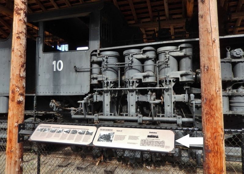 The Shay Locomotive Marker (<i>wide view; related marker left; Shay Locomotive exhibit behind</i>) image. Click for full size.