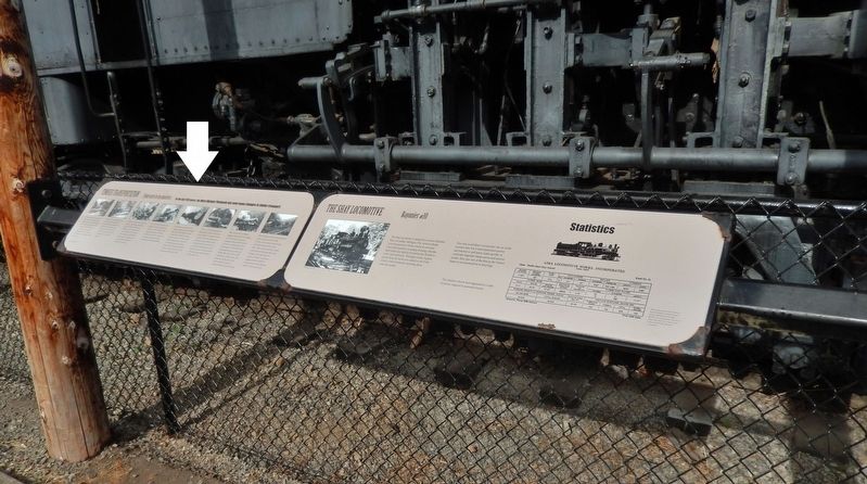 Timber Transportation Marker (<i>wide view; related marker to right; Locomotive exhibit behind</i>) image. Click for full size.