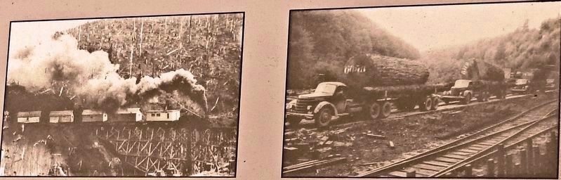 Marker photos: (1) locomotive is pulling a logging camp, and (2) trucks, circa 1940s image. Click for full size.