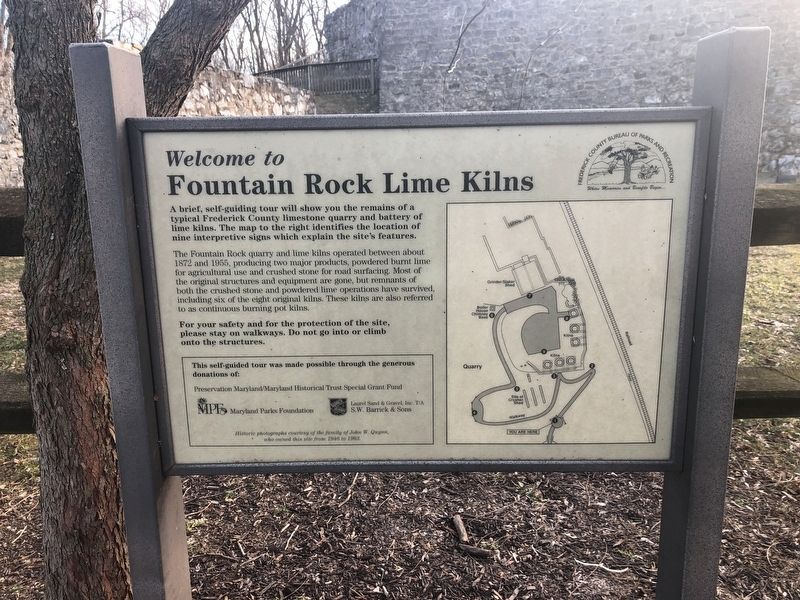 Welcome to Fountain Rock Lime Kilns Marker. Click for full size. Welcome to Fountain Rock Lime Kilns Marker image. Click for full size.