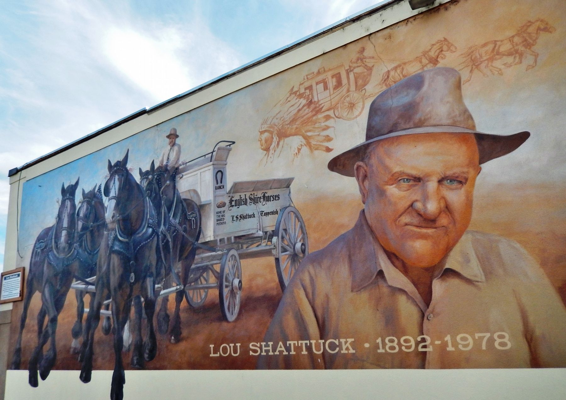 Lou Shattuck Mural (<i>wide view; marker visible at left edge</i>) image. Click for full size.