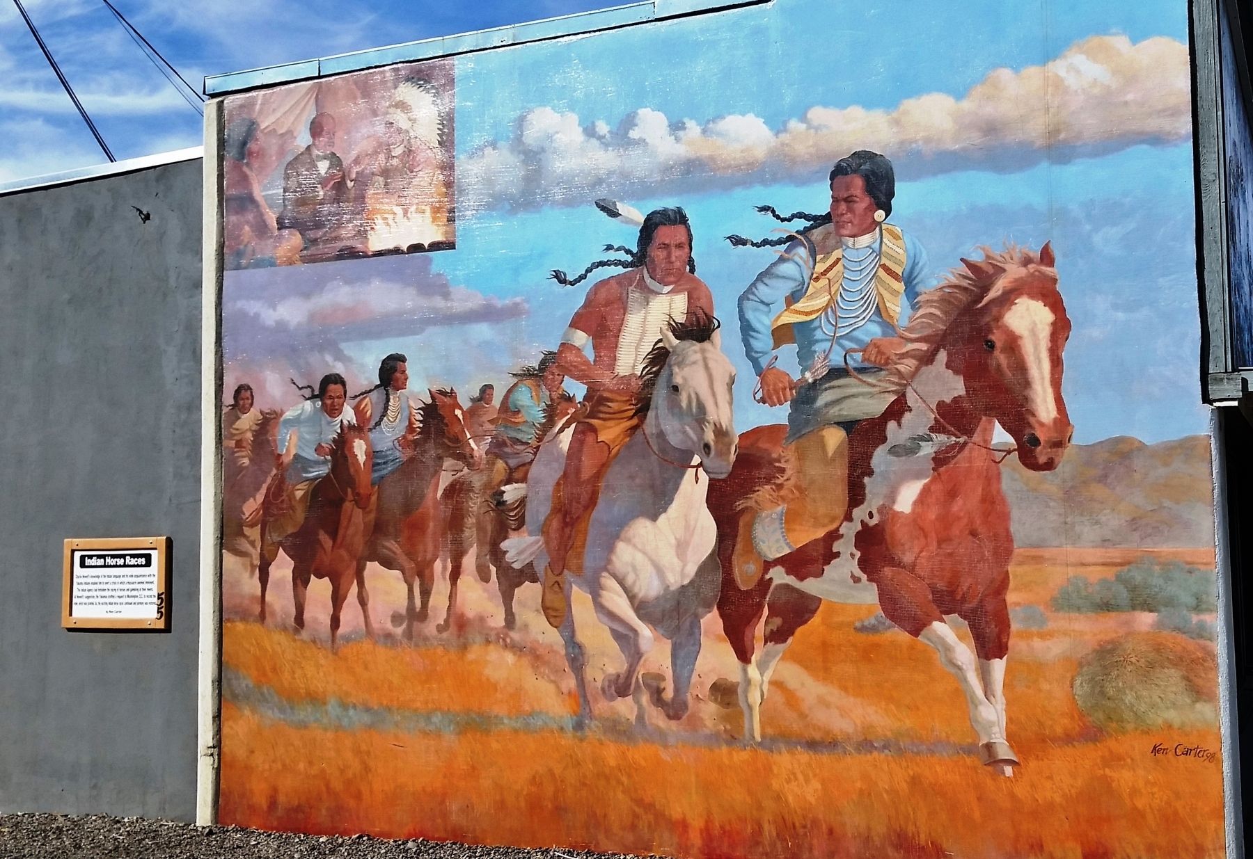 Indian Horse Races Mural (<i>wide view; marker visible at far left</i>) image. Click for full size.