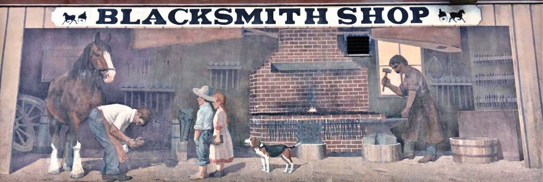 The Old Blacksmith Shop Mural (<i>on wall above marker, covering the second-story facade</i>) image. Click for full size.