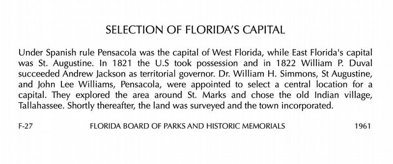 The Wording for the "Selection of Florida's Capital" Marker image. Click for full size.