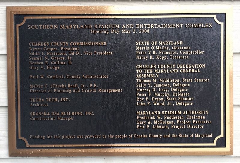 Southern Maryland Stadium and Entertainment Complex, Opening Day May 2, 2008 Marker image. Click for full size.