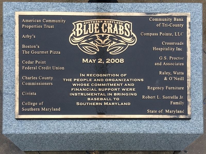 Southern Maryland Blue Crabs, May 2, 2008 Dedication Marker. image. Click for full size.