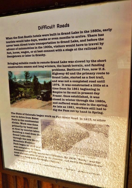 Automobiles Come to Grand Lake Marker (<i>panel 2 - Difficult Roads</i>) image. Click for full size.