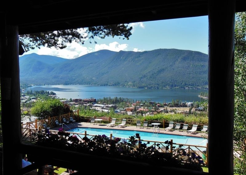 View of swimming pool and Grand Lake from lodge patio. Click for full size. View of swimming pool and Grand Lake from lodge patio image. Click for full size.