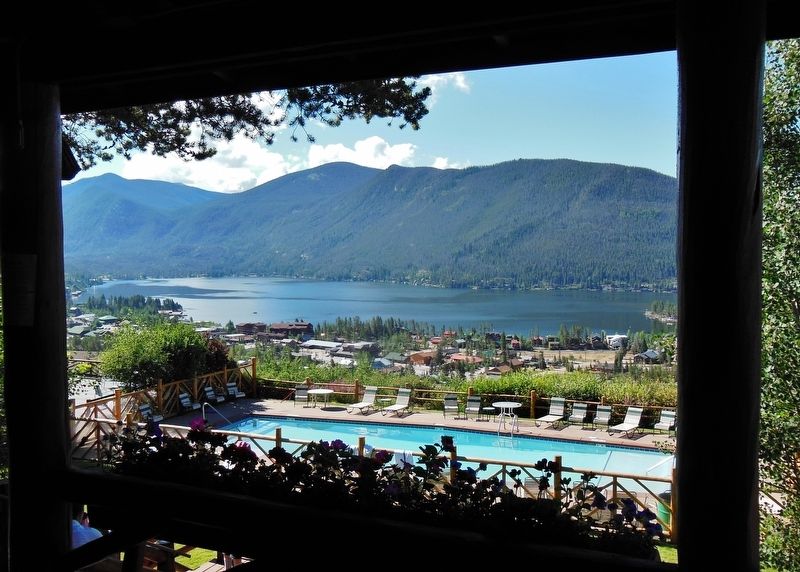 View of swimming pool and Grand Lake from lodge patio image. Click for full size.