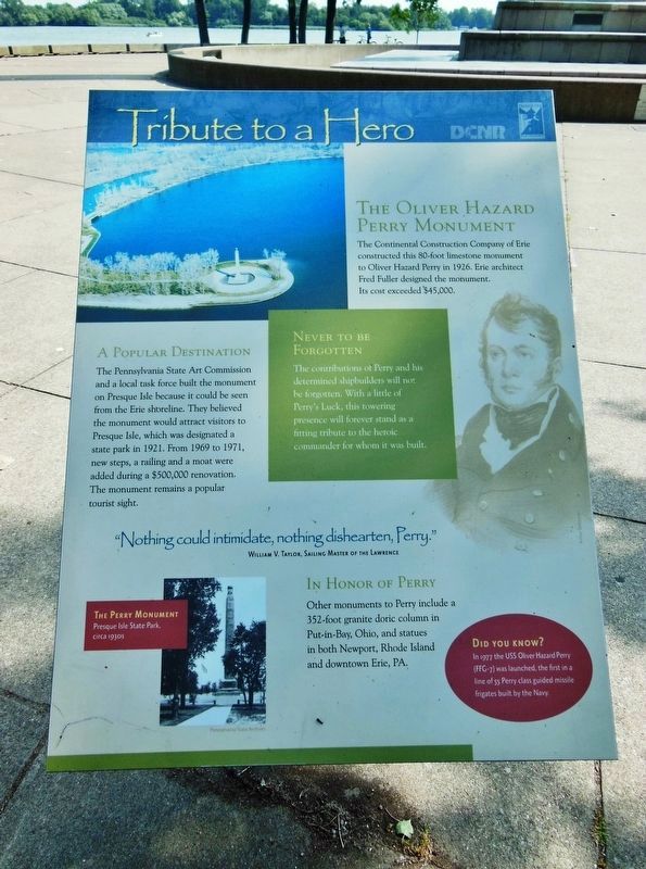 Tribute to a Hero Marker (<i>tall view; Commodore Perry Monument in background</i>). Click for full size. Tribute to a Hero Marker (<i>tall view; Commodore Perry Monument in background</i>) image. Click for full size.