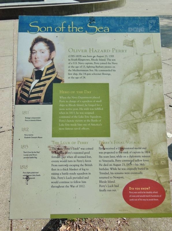 Son of the Sea Marker (<i>tall view; Commodore Perry Monument in background</i>). Click for full size. Son of the Sea Marker (<i>tall view; Commodore Perry Monument in background</i>) image. Click for full size.