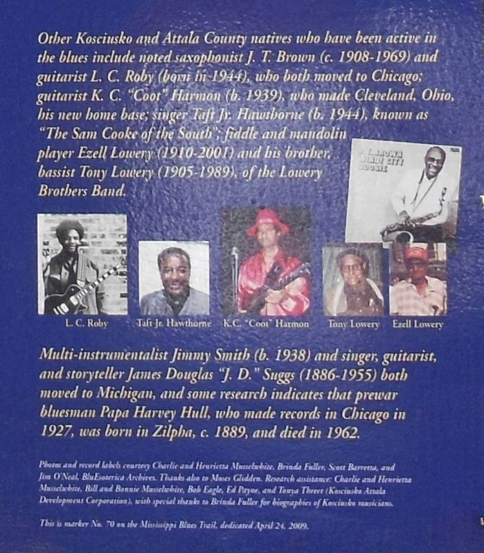 Marker detail: Other Kosciusko and Attala County natives who have been active in the blues image. Click for full size.